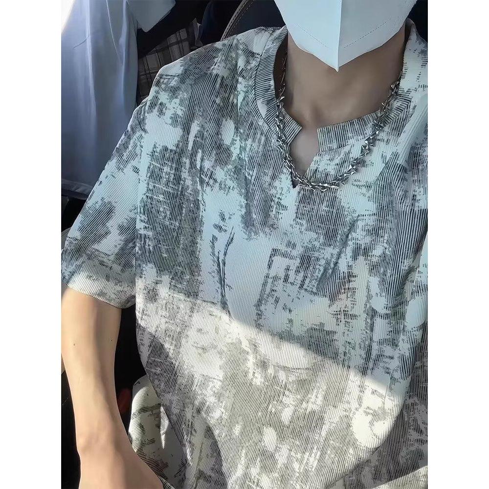 美式复古扎染V领短袖男夏重磅T恤情侣半袖513DX371P25,男装T恤,星座513