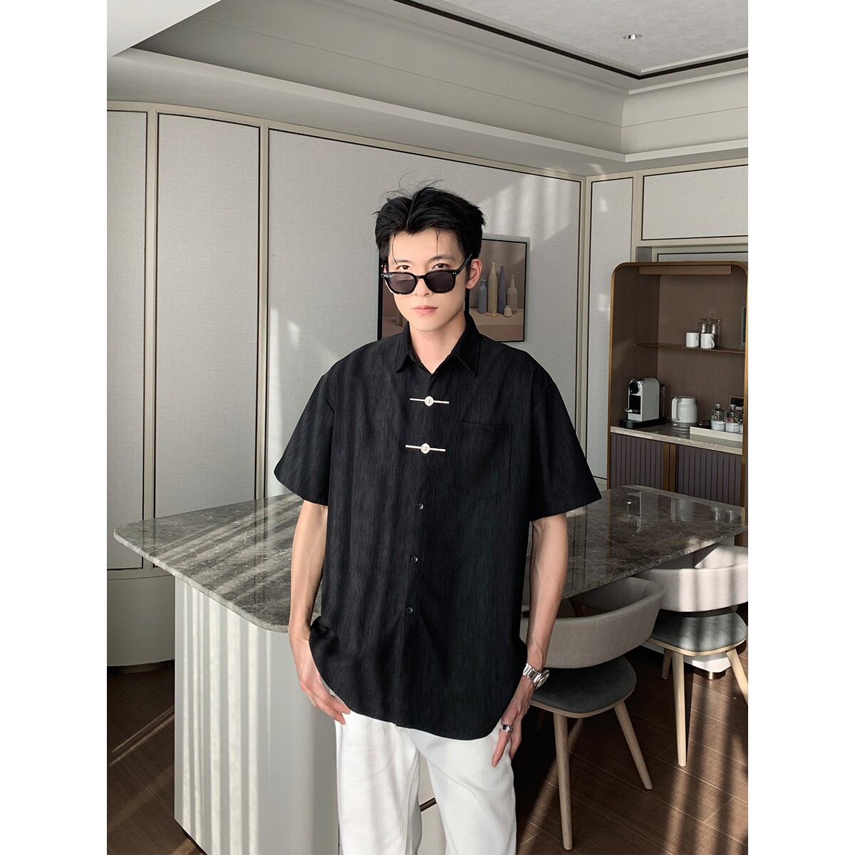 新中式男高级感衬衫男夏薄款短袖潮牌痞帅炸街衬衣513DX114P38,男装T恤,星座513