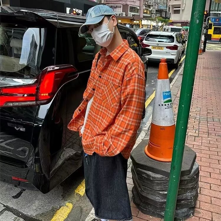 美式复古格纹长袖衬衫男女新宽松休闲防晒情侣外套513CX119P32,男装防晒衣,星座513