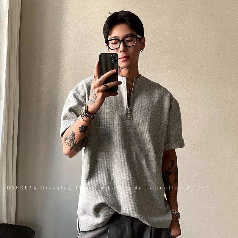 老钱风华夫格半拉链短袖t恤男夏新宽松V领打底半袖513DT1516P31,女装T恤,星座513