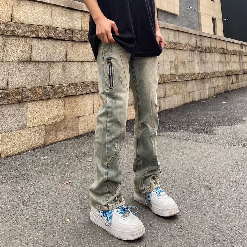 美式高街风水洗做旧黄泥染排扣牛仔裤潮直筒拉链长裤513CK157P45图片