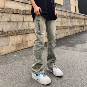 美式高街风水洗做旧黄泥染排扣牛仔裤潮直筒拉链长裤513CK157P45图片