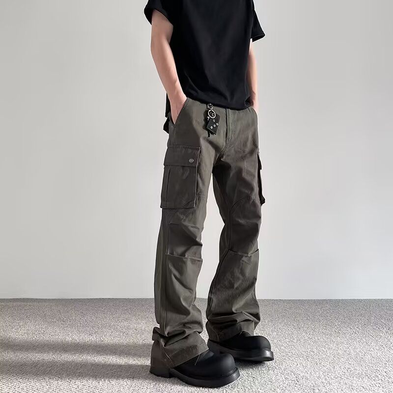 美式复古高街vibe多口袋工装裤男潮牌褶皱直筒微喇休闲宽松伞兵裤图片