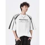 美式条纹拼接重磅短袖t恤男新款宽松百搭机车服半袖513DX711P28，男装T恤，星座513