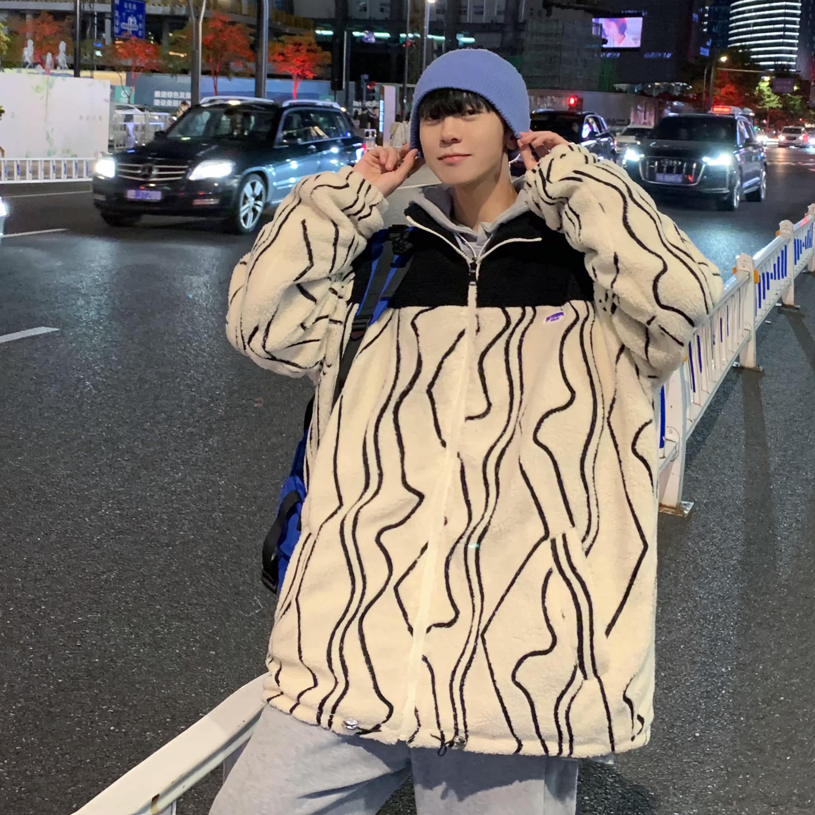 男冬季羊羔绒外套棉衣拼色韩版潮流棉服宽松l立领711MY216P120,男装棉衣,星座513