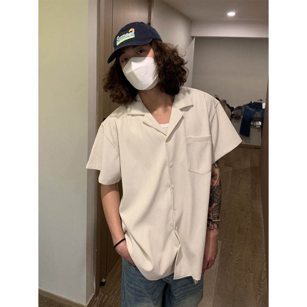 夏日系复古小细纹坑条短袖衬衫男古巴领纯色情侣衬衣513DX1453P33图片