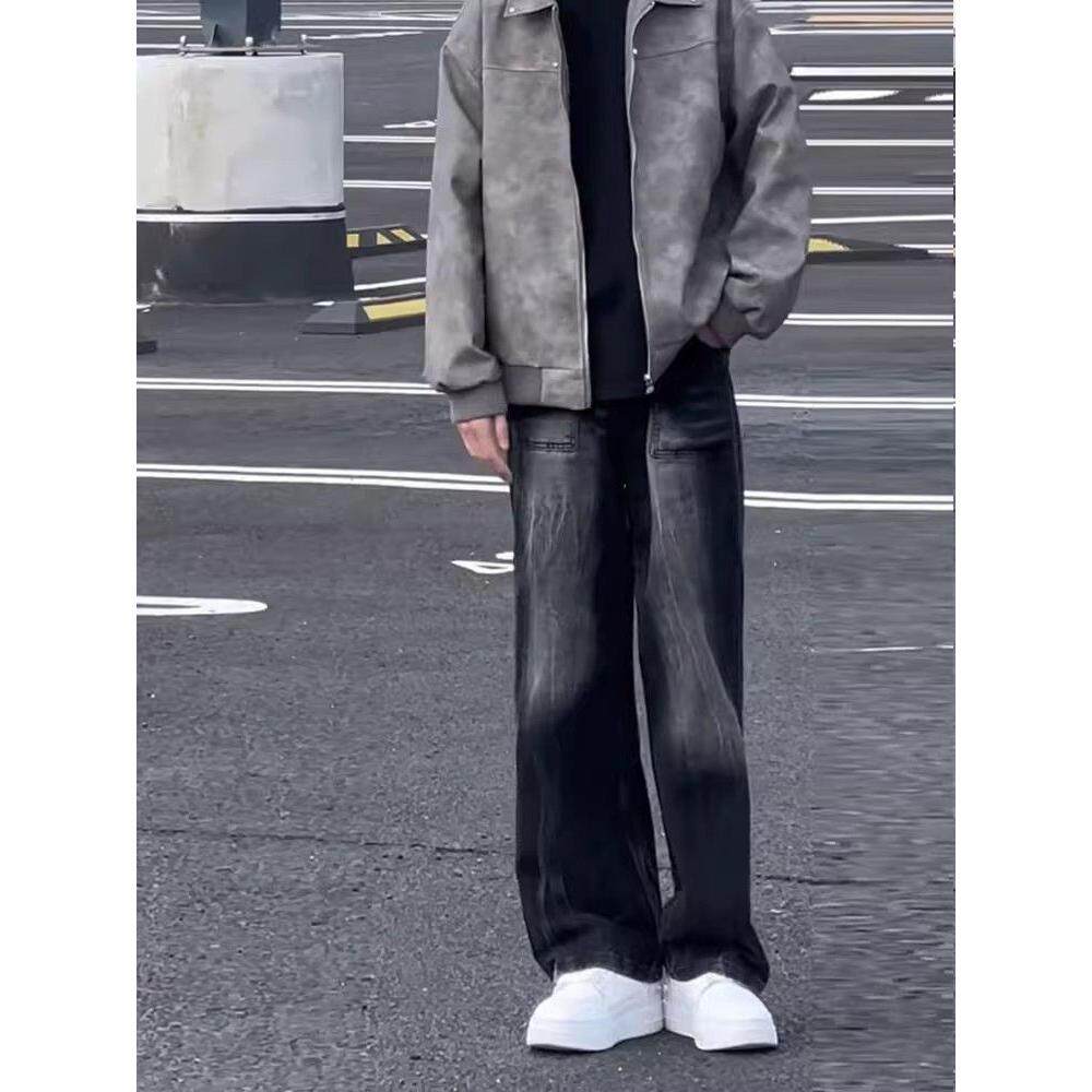 黑灰色渐变牛仔裤男美式复古阔腿微喇长裤高个子痞帅炸街直筒裤子,男装牛仔裤,星座513