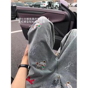 欧美街头趣味刺绣直筒牛仔七分裤男宽松阔腿休闲短裤513DK1540P41图片