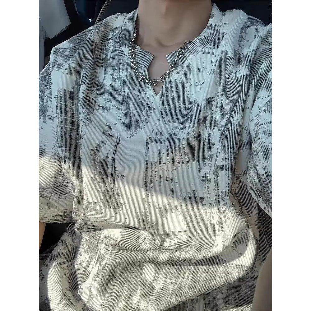 美式复古扎染V领短袖男夏重磅T恤情侣半袖513DX371P25图片