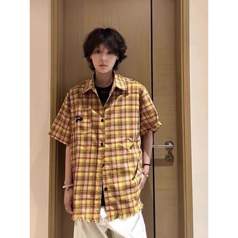格子短袖衬衫黄色高质量2025年情侣装高街513DX1159P32,男装T恤,星座513