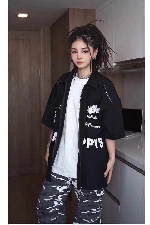 黑白拼接印花运动风短袖球衣衬衫男513DX987P42,男装T恤,星座513