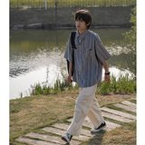 日系学院风男夏新复古条纹衬衫男女宽松短袖衬衣外套513DX110P28，男装T恤，星座513