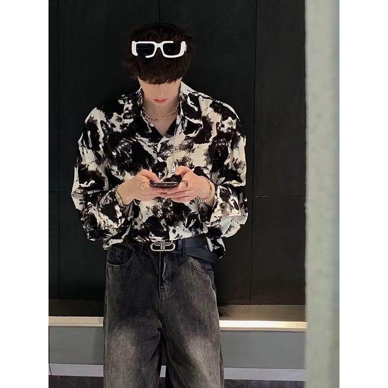 潮牌痞帅网红短袖衬衫男潮流宽松夏季i垂感印花衬衣513CS1340P30，男装衬衫，星座513