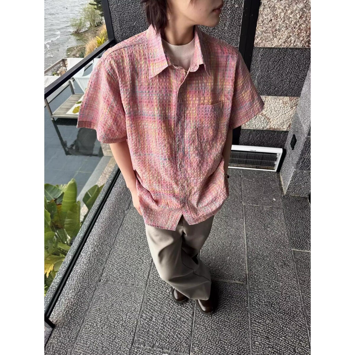 粉色织格纹泡泡纱交叉育克短袖衫衬衣外套513DX487P25,男装T恤,星座513