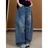 美式复古阔腿牛仔裤女新款涂鸦彩绘显瘦印花拖地裤513CK1491P55，女装牛仔裤，星座513