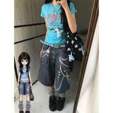 彩色链条垂坠感牛仔裤女夏季新款高街宽松七分短裤513DK437P50，男装牛仔裤，星座513