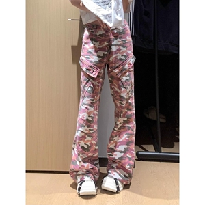 新款粉色迷彩大口袋工装裤阔腿宽松直筒男女街头做旧513CK1529P55图片