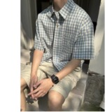 美式潮牌刺绣l格子短袖衬衫男夏情侣宽松百搭衬衣513DX102P37，男装T恤，星座513