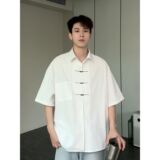 新中式男装风金属扣短袖衬衫男衬衣薄款外套513DC1619P35，女装衬衫，星座513
