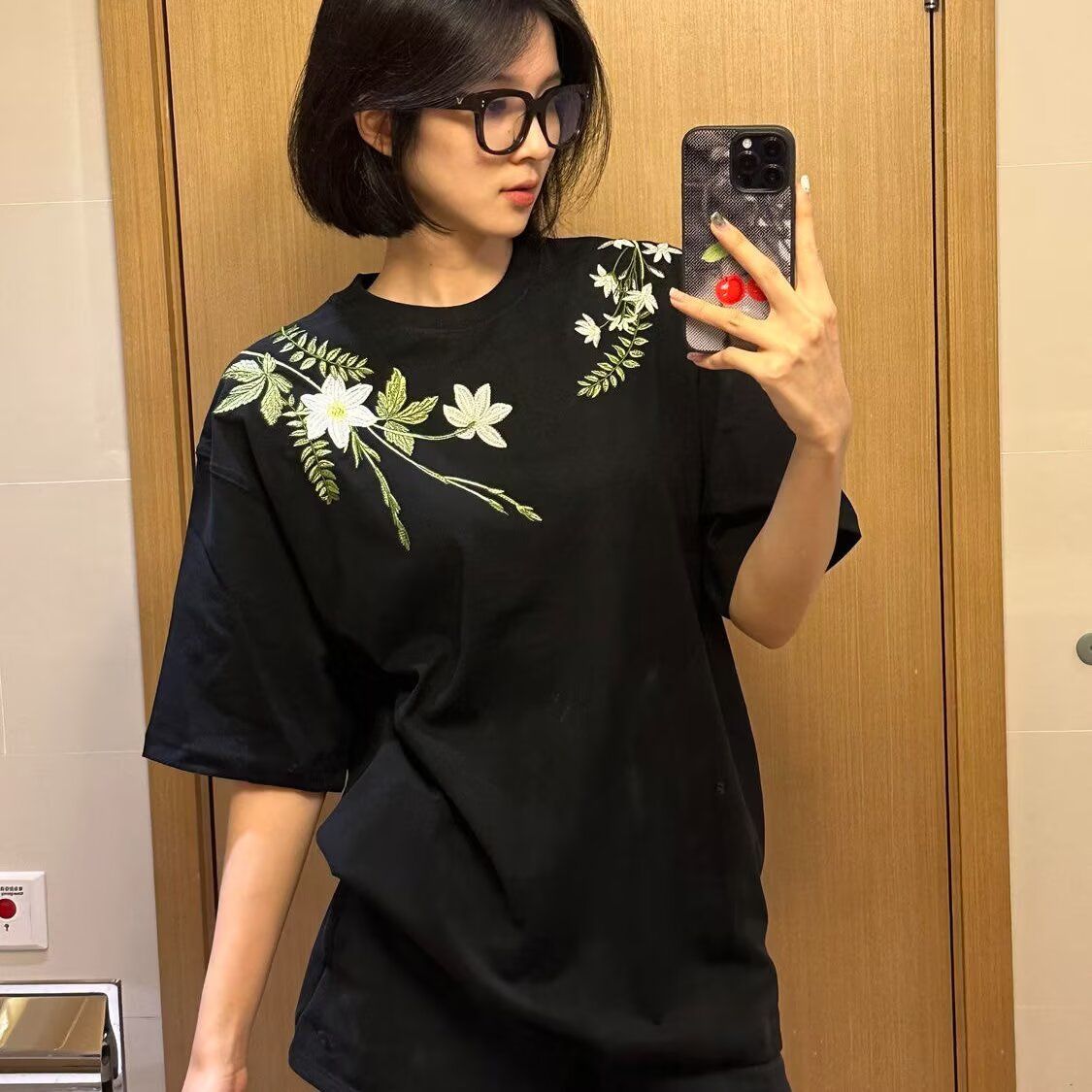 夏季宽松五分袖红潮流简约印花上衣513DX353P27图片