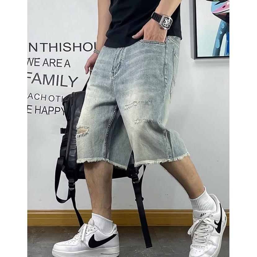 日系复古做旧破洞牛仔短裤男宽松直筒毛边五分中裤513DK338P37,男装牛仔裤,星座513
