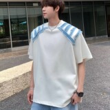 夏新牛仔拼接垫肩短袖t恤男潮牌痞帅圆领上衣513DX105P35，男装T恤，星座513