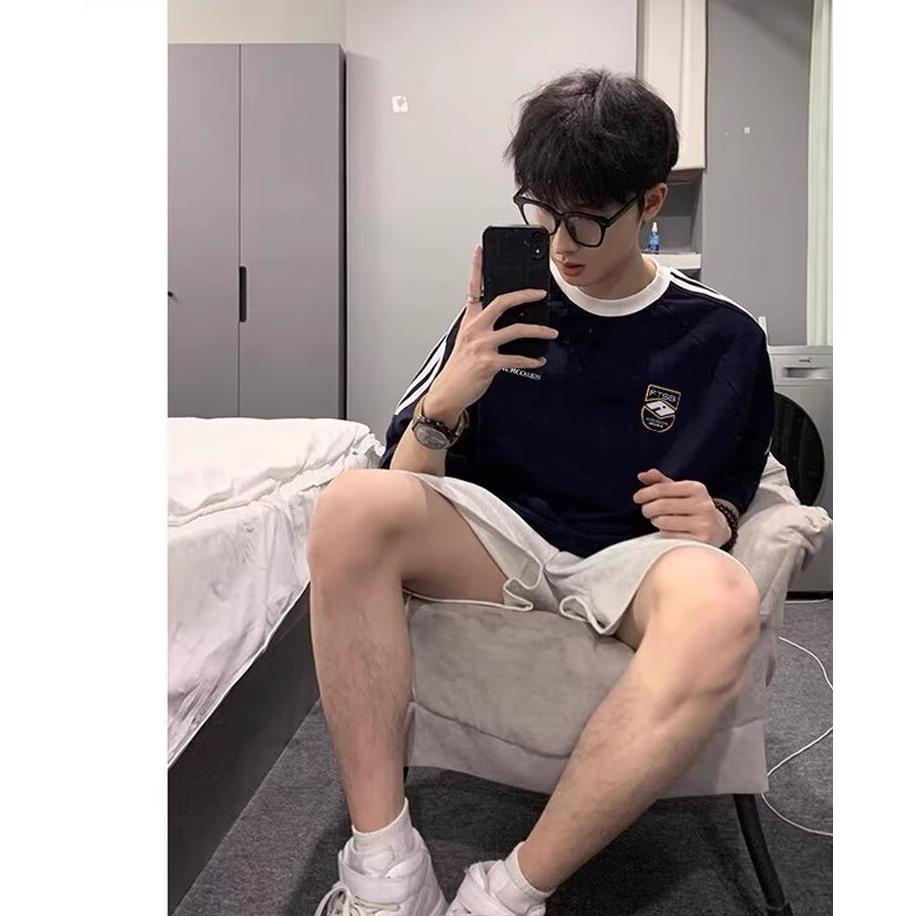 美式插肩短袖t恤男夏季三条杠薄款潮牌青少年半袖体恤衫上衣P29,女装T恤,星座513