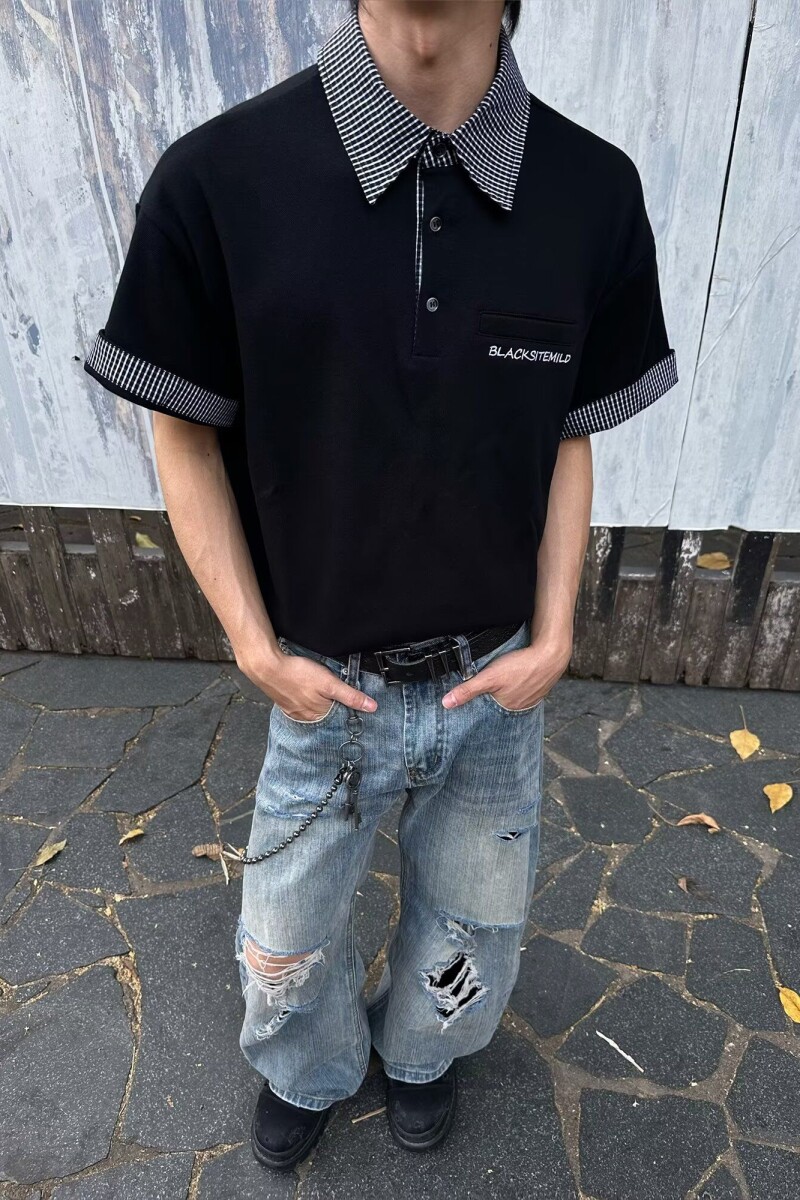 翻领拼接格子polo衫夏季t恤韩版修身潮流百搭上衣男513PL1194P35,男装Polo衫,星座513
