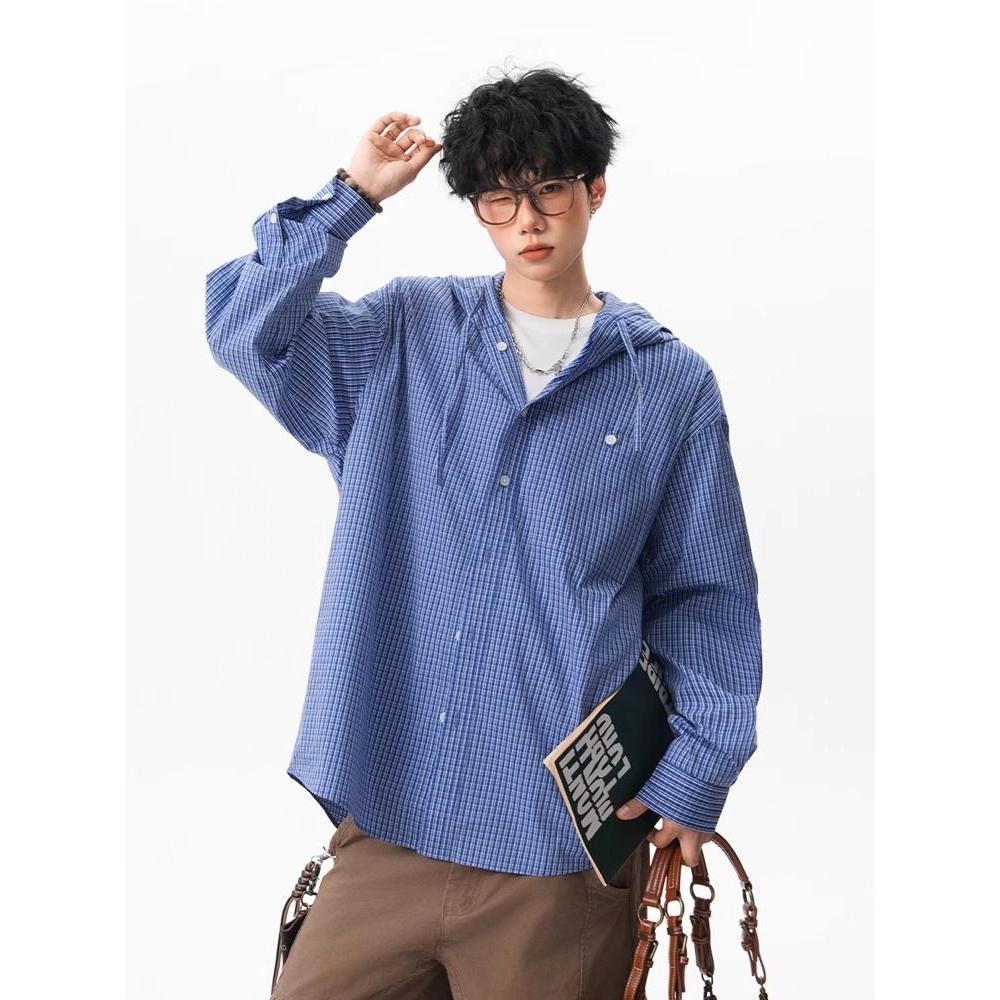 wassuphappy连帽长袖衬衫男款春秋季潮牌复古格子青少年休闲外套,男装防晒衣,星座513