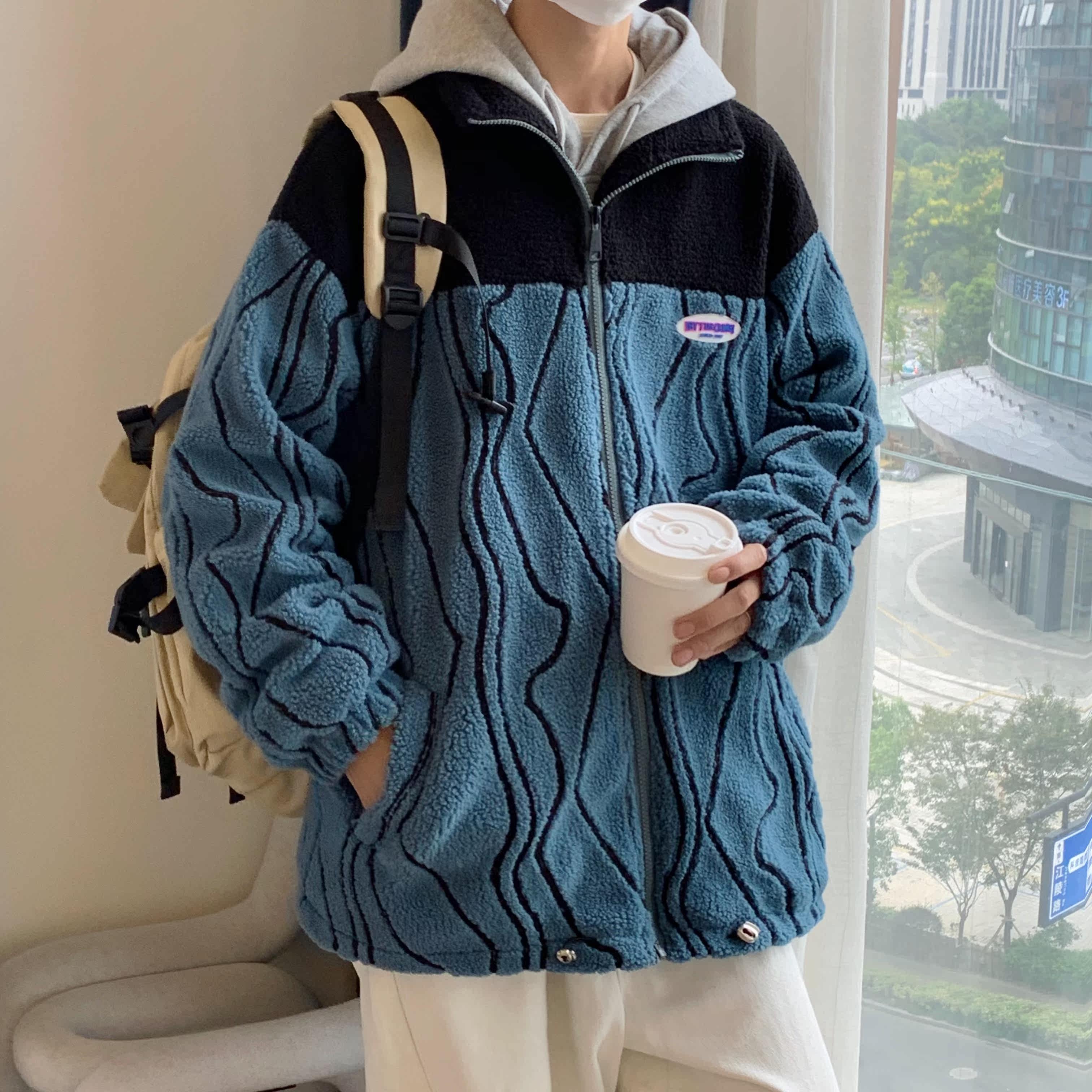 男冬季羊羔绒外套棉衣拼色韩版 潮流棉服宽松l立领711 MY216图片