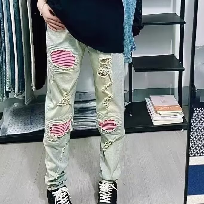新款膝盖粉色补丁牛仔裤男痞帅黄泥做旧小脚长裤513CK015P40,男装牛仔裤,星座513