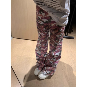 新款粉色迷彩大口袋工装裤阔腿宽松直筒男女街头做旧513CK1529P55图片