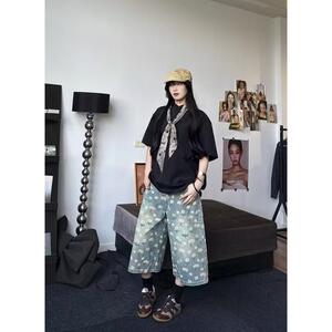 满印小雏菊印花牛仔七分裤女水洗做旧短裤 513DK1213P45图片