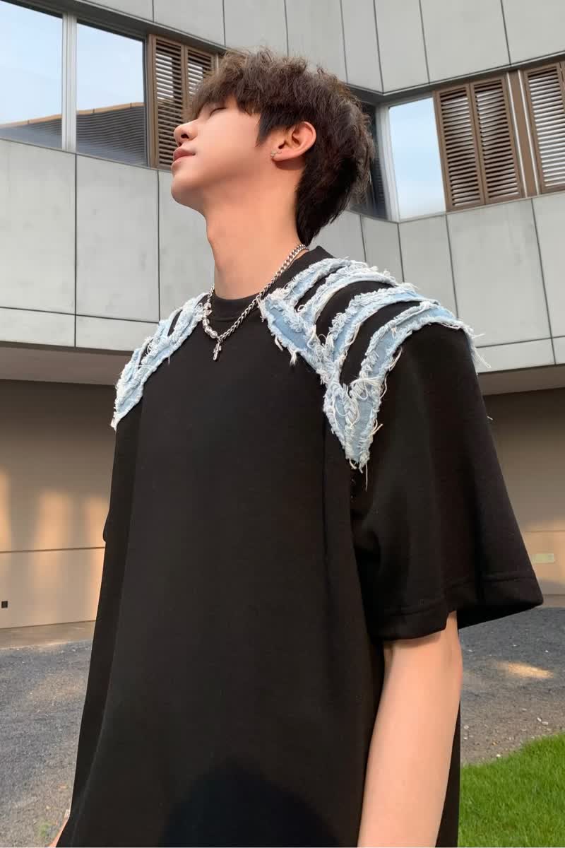 夏新牛仔拼接垫肩短袖t恤男潮牌痞帅圆领上衣513DX105P35,男装T恤,星座513