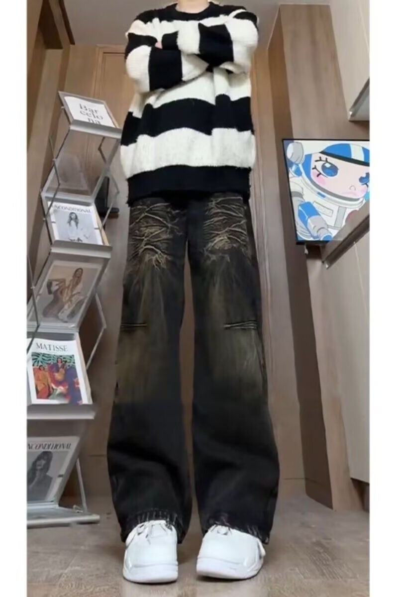 闪电纹高腰直筒牛仔裤男裤子美式高街微喇阔腿裤513CK407P42,男装牛仔裤,星座513