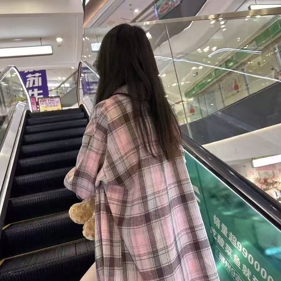 粉色格子复古男女同款衬衣新款宽松开衫防晒长袖衬衫513CX350P30,男装防晒衣,星座513