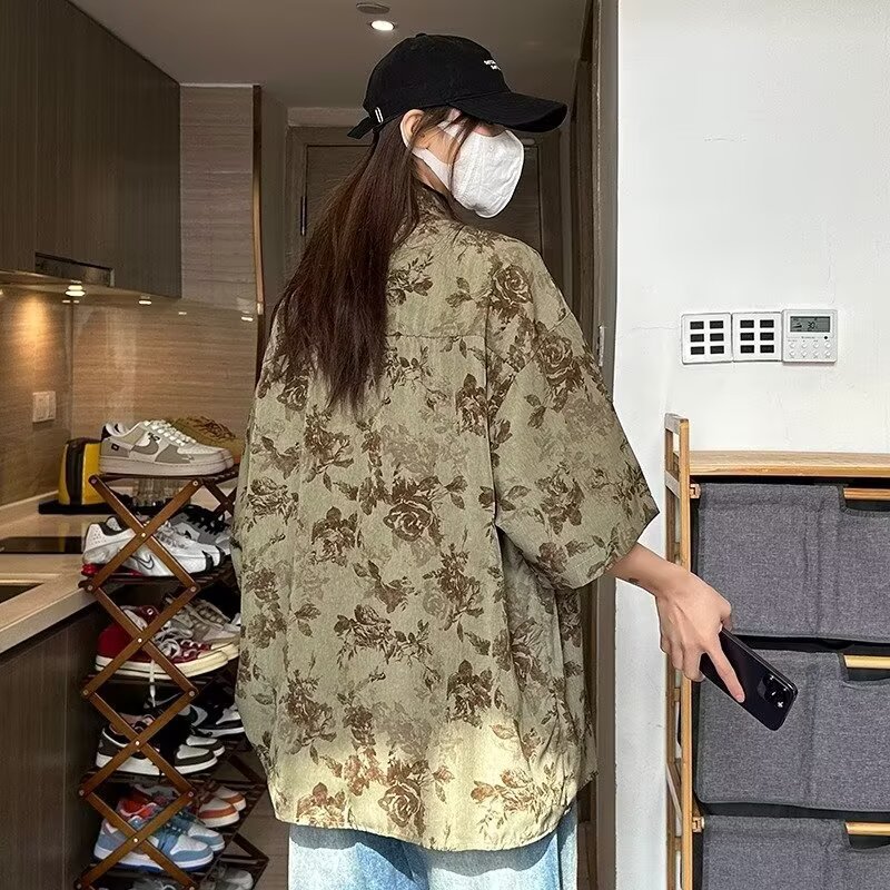 古着cleanfit巴洛克衬衫男短袖设计感高级冰丝花衬衣美式复古外套,男装衬衫,星座513