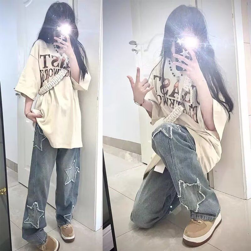 美式街头水洗做旧星星牛仔裤男直筒宽松高街长裤513CK382P40,男装牛仔裤,星座513