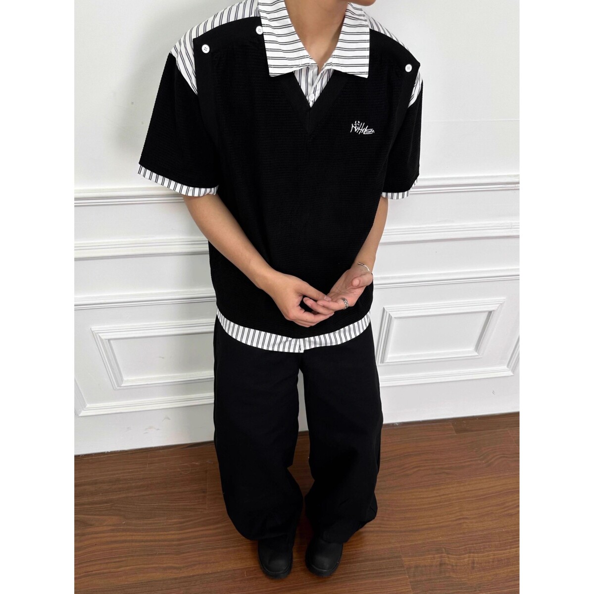 假两件拼接设计感刺绣polo领t恤宽松上衣短袖潮潮513PL390P35,男装T恤,星座513