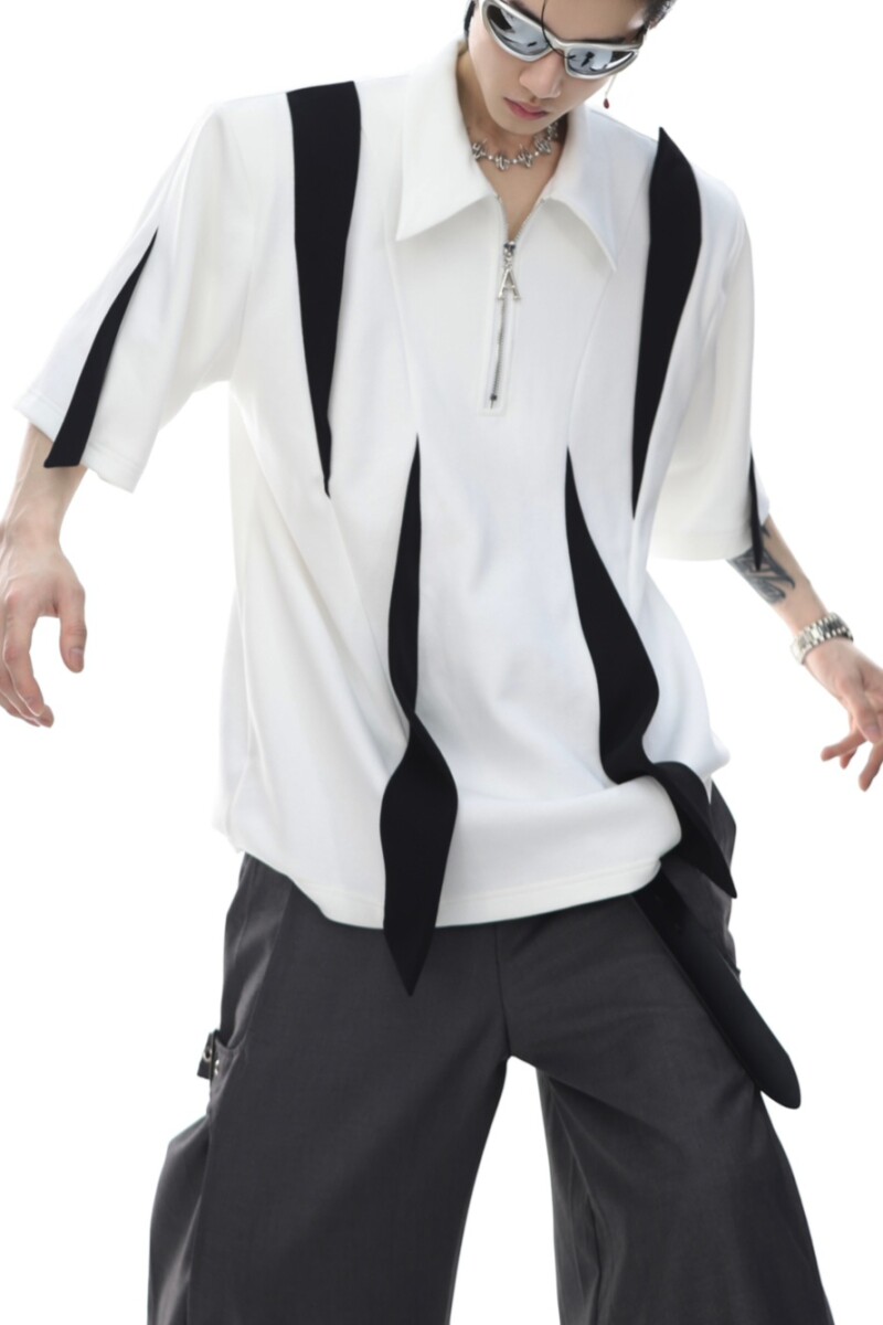 拼接垫肩POLO衫高级方领T恤金属拉链半袖男513DX699P37,男装T恤,星座513