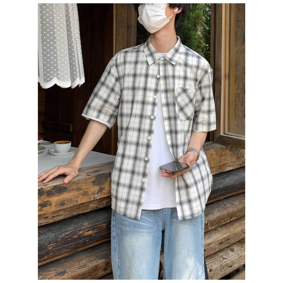 夏新格子短袖衬衫男潮流宽松薄款简约五分袖衬衣513DX1351P35,男装T恤,星座513