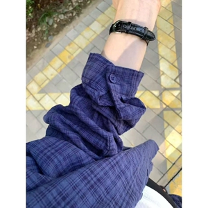格子衬韩系复古蓝色衫外套女宽松防晒衫长袖衬衣 513CX1115P35图片