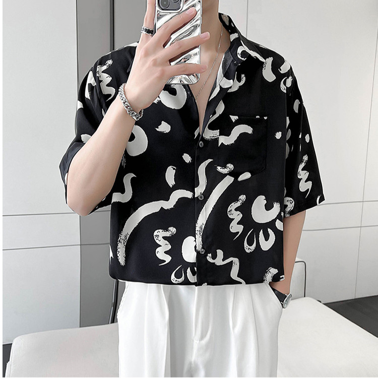 日系复古花衬衫短袖男夏季冰丝透气宽松短袖衬衫513DX1399P24,男装T恤,星座513