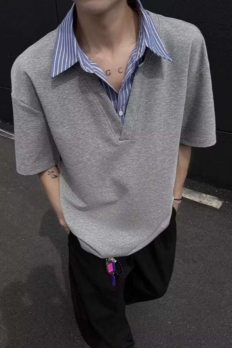 假两件衬衫领短袖T恤男夏季潮牌polo领痞帅宽松半袖513PL1758P33,男装T恤,星座513