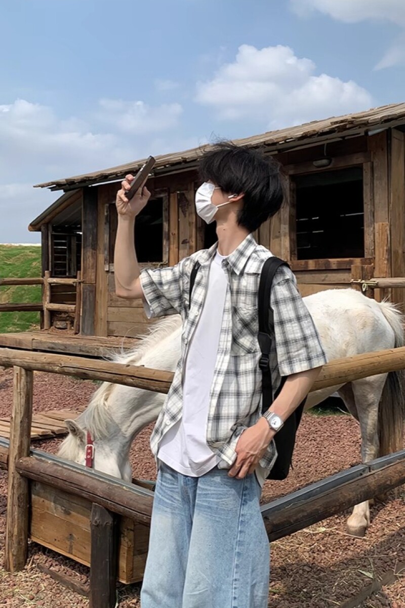 夏新格子短袖衬衫男潮流宽松薄款简约五分袖衬衣513DX1351P35,男装T恤,星座513