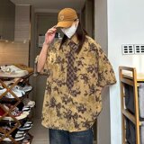 古着cleanfit巴洛克衬衫男短袖设计感高级冰丝花衬衣美式复古外套，男装衬衫，星座513