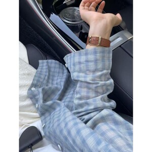 蓝色格纹防晒衬衫女夏季韩系宽松休闲衬衣慵懒风男513CS201P33图片
