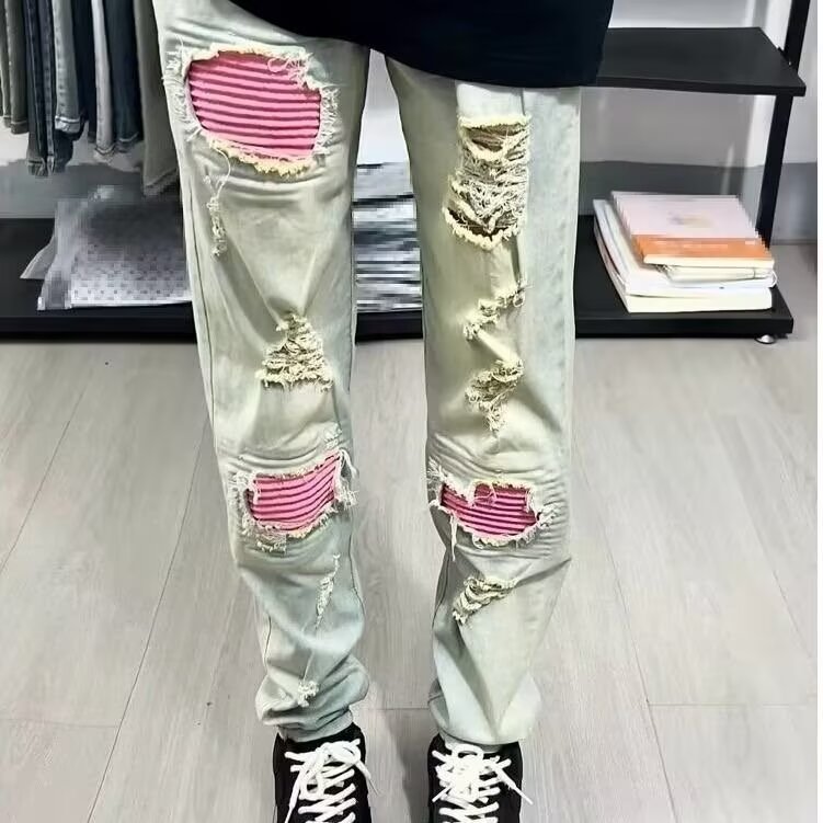 新款膝盖粉色补丁牛仔裤男痞帅黄泥做旧小脚长裤513CK015P40,男装牛仔裤,星座513