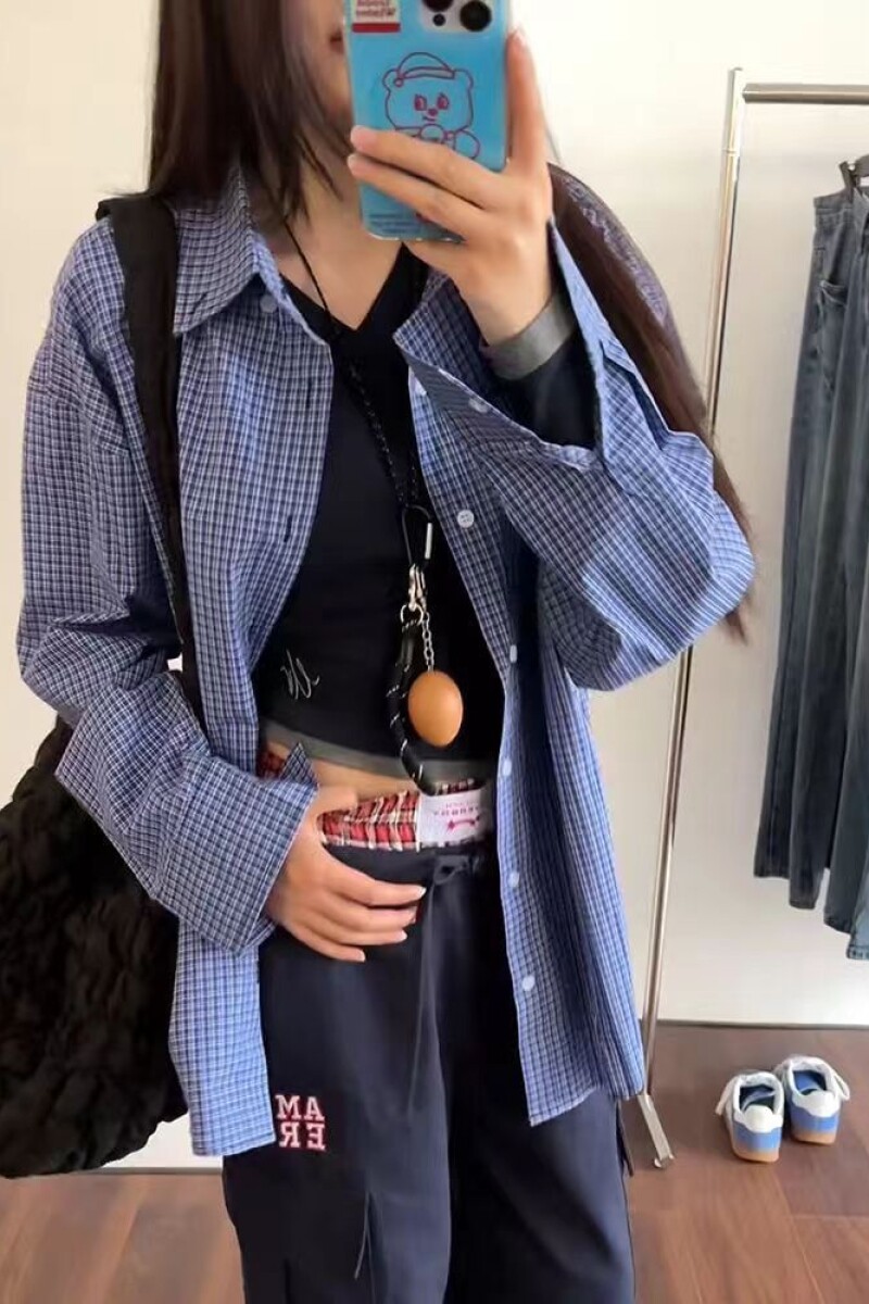 美式慵懒宽松蓝色格子衬衫男女同款长袖衬衣513CS1111P28,男装衬衫,星座513