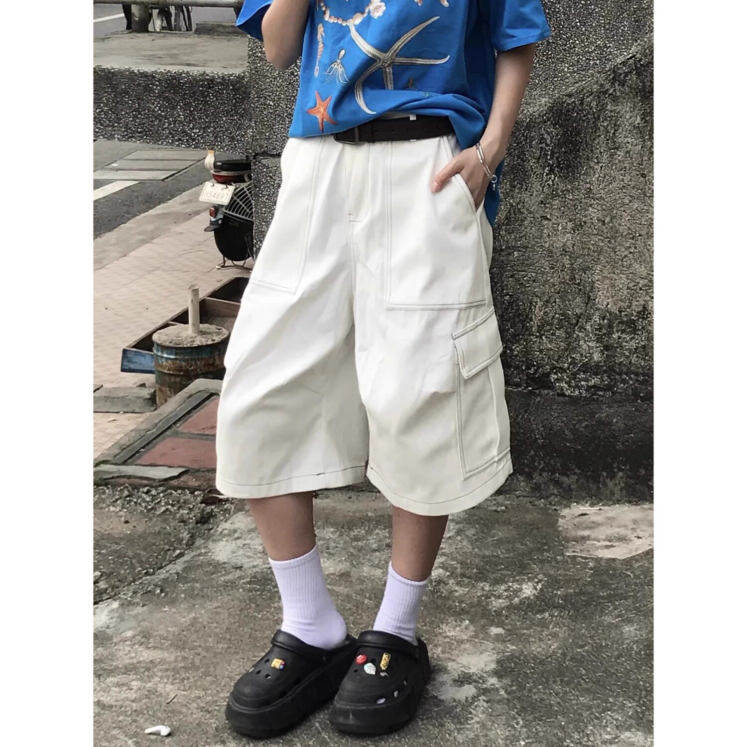 美式夏新男女同款复古做旧多口袋工装短裤513DK073P50图片